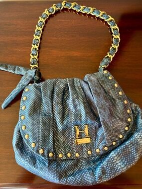 Halston Heritage Blue Snakeskin Embossed Leather Hobo Bag